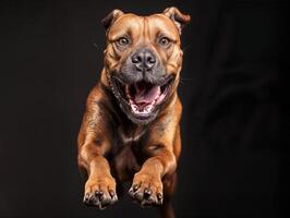 AI generated happy dog on a black background jumping in mid air photo