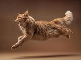 ai generado jengibre gato en un marrón antecedentes saltando en un dinámica actitud foto