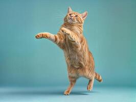 ai generado jengibre gato en un verde azulado antecedentes saltando en un dinámica actitud foto