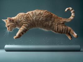 ai generado jengibre gato saltando terminado un verde azulado papel foto