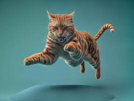 AI generated ginger cat on a teal background jumping in a dynamic pose photo