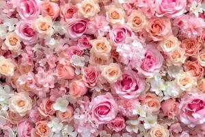 AI generated Beautiful summer flowers as background. Blossoming delicate roses on blooming flowers festive background, pastel and soft bouquet floral card. generative ai. photo