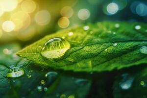 AI generated Beauty transparent drop of water on a green leaf macro with sun glare. Beautiful artistic image of environment nature in spring or summer. generative ai. photo