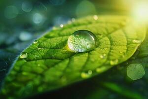 AI generated Beauty transparent drop of water on a green leaf macro with sun glare. Beautiful artistic image of environment nature in spring or summer. generative ai. photo