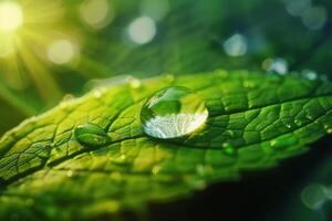 AI generated Beauty transparent drop of water on a green leaf macro with sun glare. Beautiful artistic image of environment nature in spring or summer. generative ai. photo