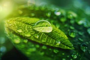 AI generated Beauty transparent drop of water on a green leaf macro with sun glare. Beautiful artistic image of environment nature in spring or summer. generative ai. photo