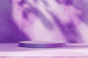 AI generated Purple Background Product Studio Podium Wall Scene Abstract Mockup Kitchen Table Cosmetic Shadow Leaves Empty Counter 3d Room Backdrop Shelf Minimal Floor Bg Summer Scene. photo