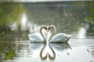 ai generado dos blanco cisnes formando corazón forma en lago foto