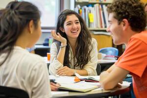 AI Generated Happy students engaged in discussion sitting around table photo