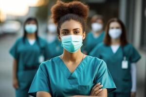 AI Generated african american female doctor outside hosital with team of nurses photo