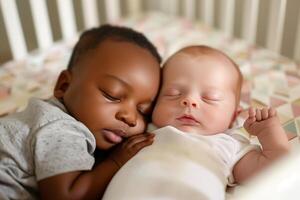 AI Generated african and caucasian baby share a nap in a crib photo