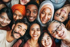 AI Generated Overhead view of multicultural group of people smiling at the camera photo