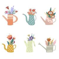 Vector illustration of flowers in a watering can. A set of elements on a white background.