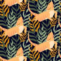 Seamless pattern with lizards and tropical leaves. Colorful exotic illustration of lizards. vector