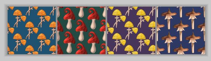 Set of seamless fantasy patterns of mushrooms, toadstools and fly agarics. Magic mushrooms. For textiles, wrapping paper vector