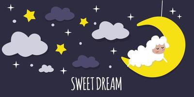 Vector illustration of sweet dreams. The lamb sleeps on the moon. The concept of sleeping and sleeping with a sheep.