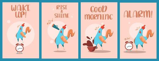 conjunto de ilustraciones con un gallo, un taza y un alarma reloj. un concepto para postales y pancartas con el texto bueno Mañana vector