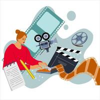 The author is working on a script for the film using a typewriter. Vector illustration for the screenwriter's banner