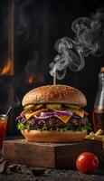 AI generated burger with crispy French fries on a background, fast food photo