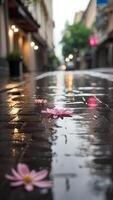 ai generado flor de el mojado calle, lluvioso mañana, frío movimiento foto