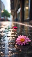 ai generado flor de el mojado calle, lluvioso mañana, frío movimiento foto