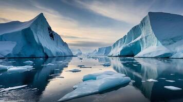 AI generated icebergs, ice mountains background, tv art, wall art global warming for save the earth photo