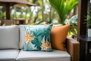 AI generated Sofa and Pillows Embraced by Palm Trees, Relaxation Haven photo