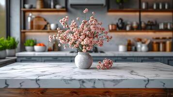 AI generated Marble Countertop Close Up in with kitchen interior background photo