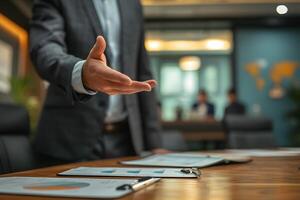 ai generado masculino ejecutivo dirigente crucial reunión, líder con fuerza foto