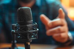 AI generated Close up Microphone with Blurred People in Background, Podcast Studio Setup photo