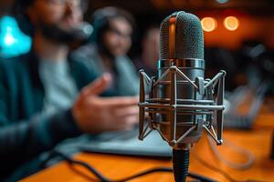 AI generated Close up Microphone with Blurred Discussing Person in Studio, Podcasting in Focus photo