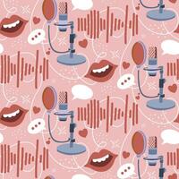 Vector illustrations seamless pattern - concept of podcast recording and listening, broadcasting, online radio, audio streaming service. Vector illustration