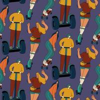 Seamless pattern of women on a skateboard and scooter. Vector pattern with active people.