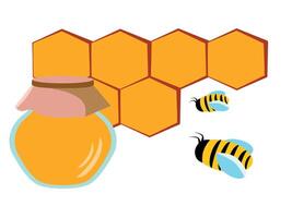 Glass jar with honey, bee on the background of honeycomb. Vector flat illustration.