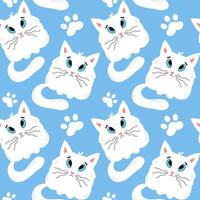 Seamless pattern of a white kitten and paw prints on a blue background. vector