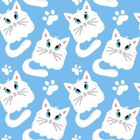 Seamless pattern of a white kitten and paw prints on a blue background. vector