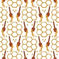 Seamless pattern with honeycomb, honey and honey bucket. For textiles, packaging, wrapping paper. vector