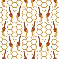 Seamless pattern with honeycomb, honey and honey bucket. For textiles, packaging, wrapping paper. vector