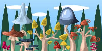 Horizontal landscape with mushrooms. Cartoon background with a fabulous mushroom forest. vector