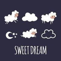 Cute sheep in different poses. Clouds and moon at night. Sweet dreams. vector