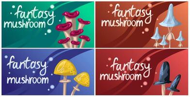 Set of horizontal banners with magic mushrooms and glowing lettering. Vector fantasy mushrooms.