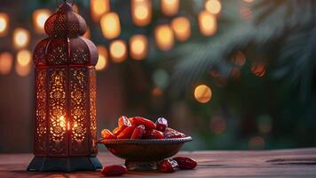 ai generato festeggiare Ramadan a tema sfondo bellissimo tavolo Schermo con date, lanterna, e caldo bokeh luci video