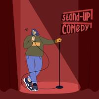 Stand-up comedic woman. Comedy artist. The performance of a female comedian vector