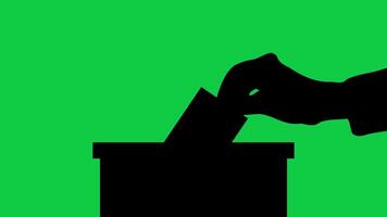 hand silhouette inserting election ballot paper into box on green screen, loop animation video