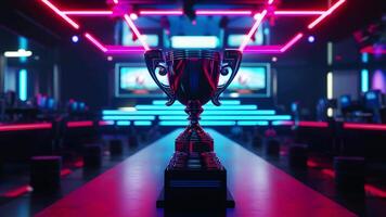AI generated esports game competition trophy in the middle of magnificent modern stage video