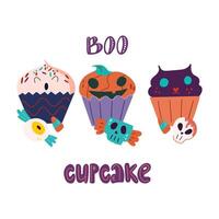 Funny muffins in the form of a creepy pumpkin, a ghost and a cat. Halloween illustration with cute and creepy sweets. A bag of pumpkins, a bucket of sweets vector