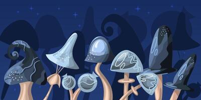 Mushroom forest on a dark background. Vector illustration of fairy mushrooms.