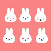 Set of kawaii rabbit faces with different emotions. Happy and sad rabbits. vector