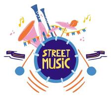 A concept for street music. Drum kit with lettering. Wind instruments. One man band. Vector illustration on a white background. For banner, billboard, tickets, advertising.