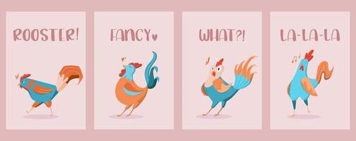 A set of funny cocks. Character rooster. Vector cartoon illustration of cockerel. A set of postcards with cute cocks showing different emotions.
